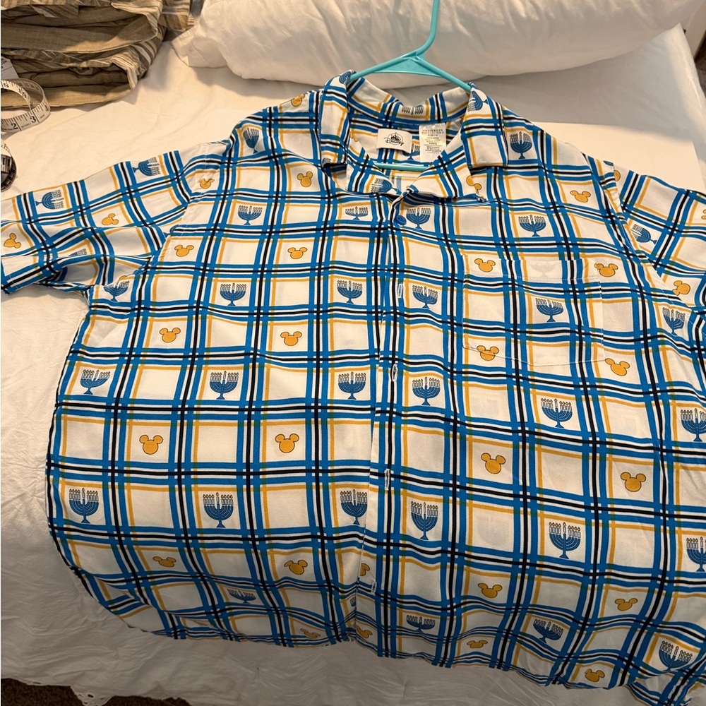 Disney Blue and Yellow Plaid Shirt with Mickey Mouse and menorahs